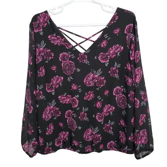 Torrid 4 Sz 4X Blouse Pullover Flowy Floral Long Sleeve Criss Cross Back Purple - Picture 2 of 10